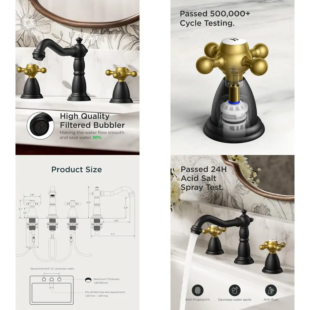 

Antique Vintage Gold Brass Bathroom Faucet with Pop-Up Drain and 24 Hose for 3-Hole 8 Widespread Sink