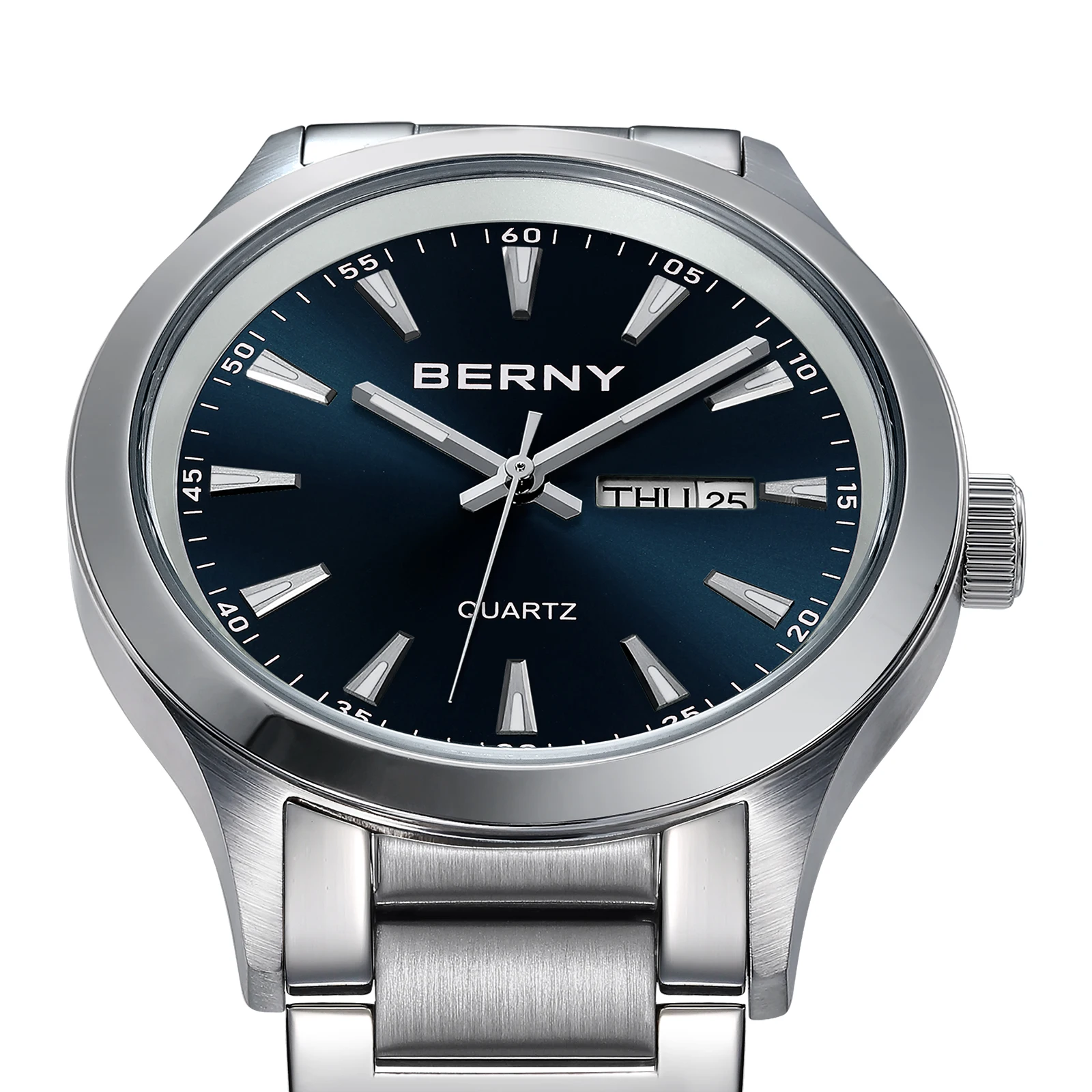 BERNY Watches for Men Week Date Fashion Dress 40mm Quartz Wristwatch Solid Stainless Steel Business Sports Elegant Men\'s Watch