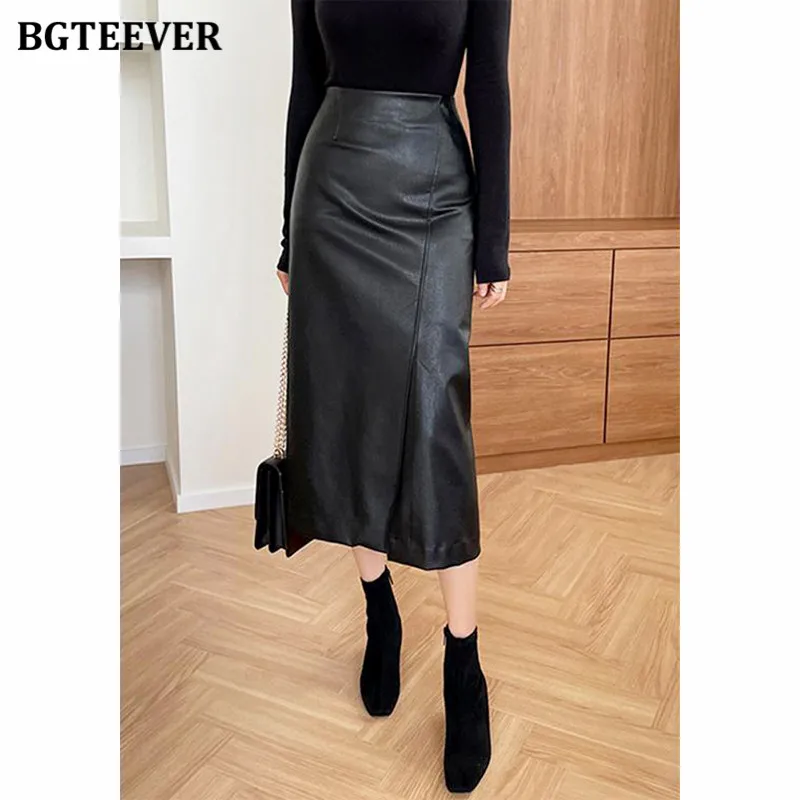 

BGTEEVER стильные юбки из искусственной кожи с разрезом для женщин, осенние элегантные женские юбки средней длины на бедрах