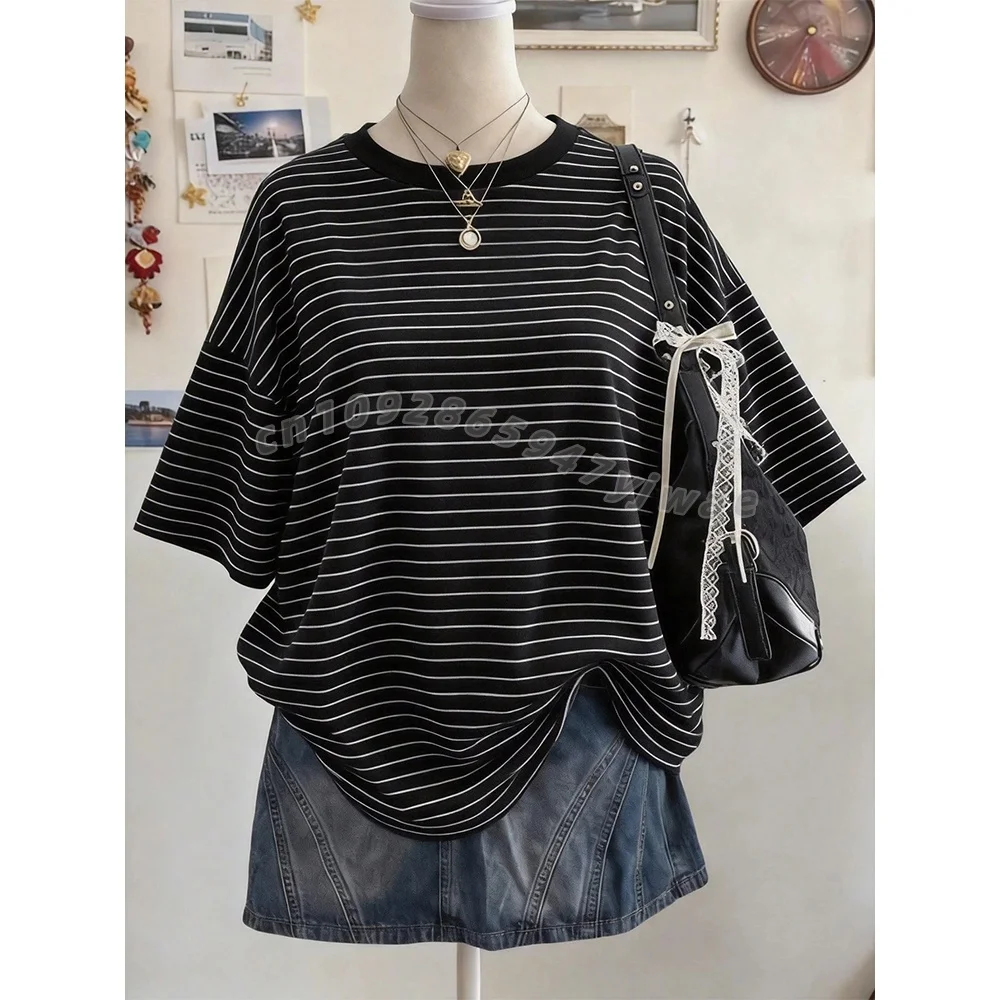 WOMEN Striped Digital Print Casual PLUS SIZE Mid-Length Round Neck Drop Shoulder Women Tshirt Street Fashion MEN WOMEN T-SHIRT