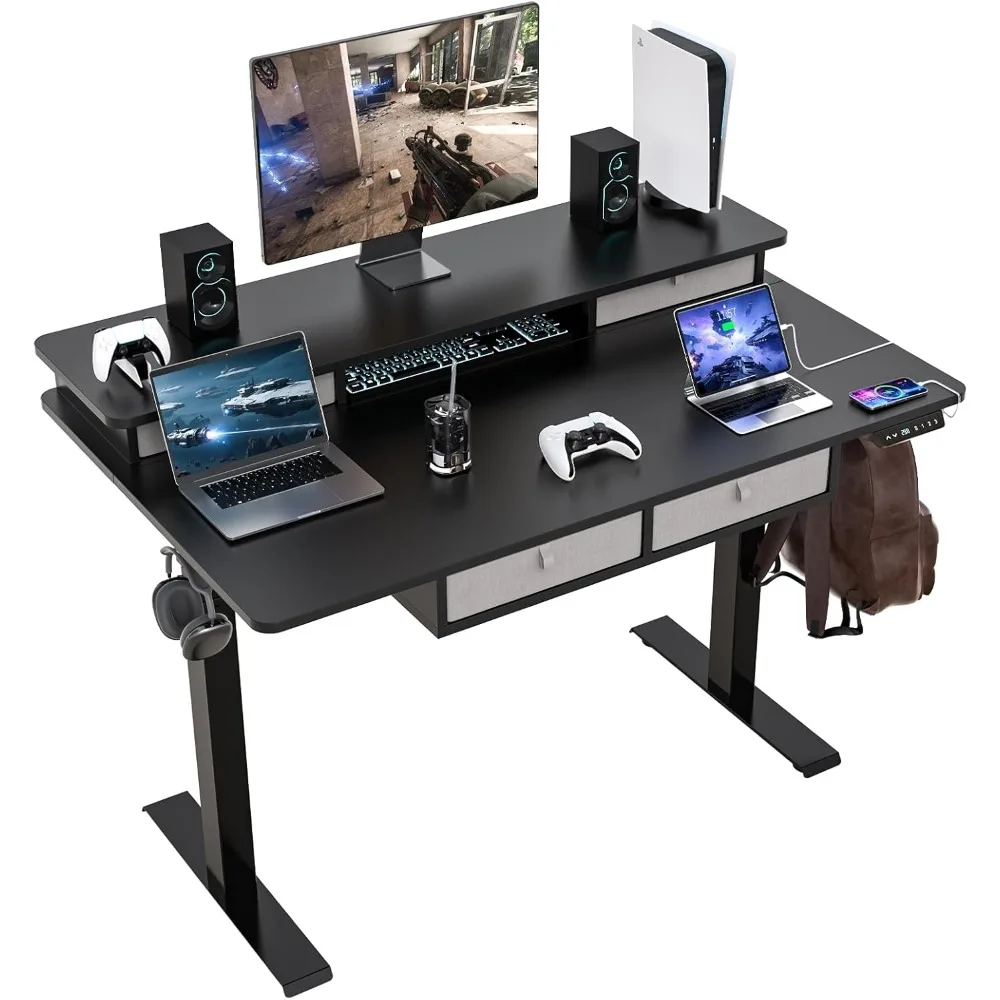 

48 * 30 Inches Electric Standing Widened Desk Adjustable Height with 4 Drawers, Double Storage Shelves, Home Office Workstation