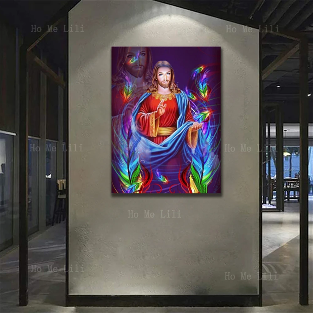 The Sacred Heart Of Divine Mercy Jesus Colorful Phoenix Feathers Wall Art For Livingroom Decor