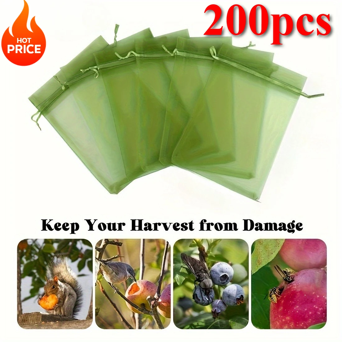

200pcs Fruit and Vegetable Protection Bags - Drawstring Mesh Cover for Grapes Apples Oranges InsectCare Reusable Drawstring Bags