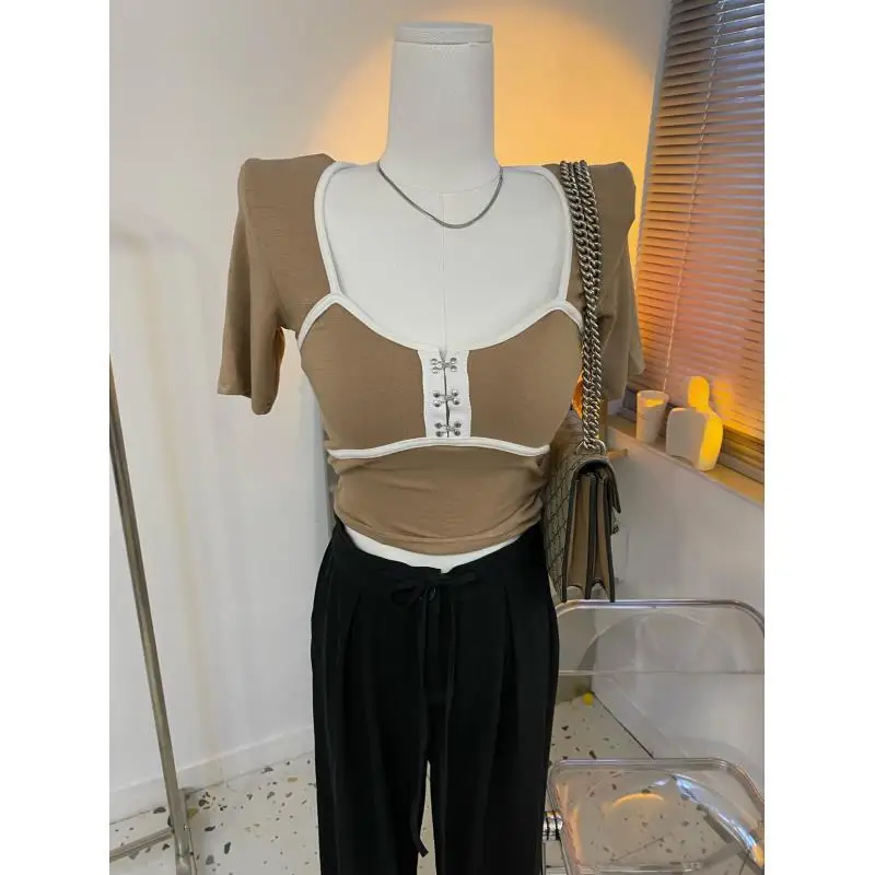

Large Collar Square Neck Contrast Trim Fitted American Short T-Shirt Women Summer New