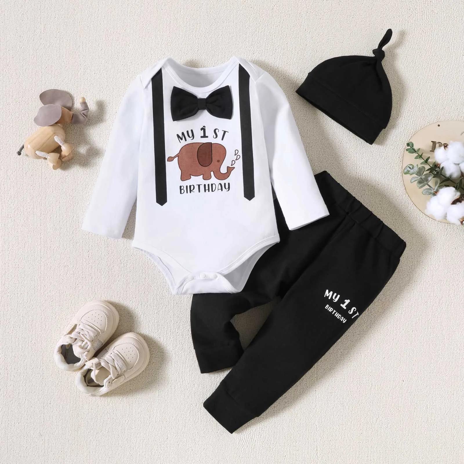 

Baby Boys Clothing Sets Newborn Baby 3Piece Outfits Clothes Bow Knot Letter Printed Long-sleeved Romper+Trousers+Hat Set Infants