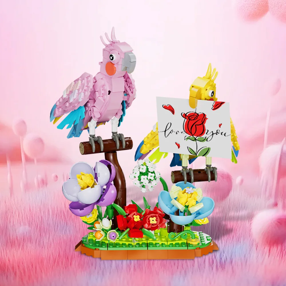 

MOC Cockatiel Model Building Blocks Cute Parrot Love Bird Romantic Flower Bird Mini Animal Brick Toy Valentine's Day Gift