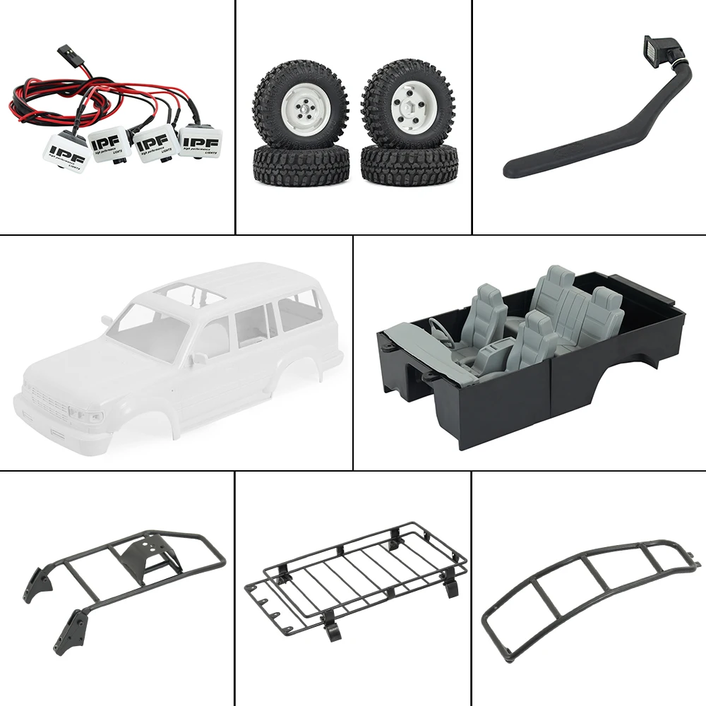 1:10 RC LC80 Hard Body Mount Roof Rack Interior Tail Ladder Spare Wheel Carrier Snorkel LED Lamp for RC Crawler SCX10 TRX4