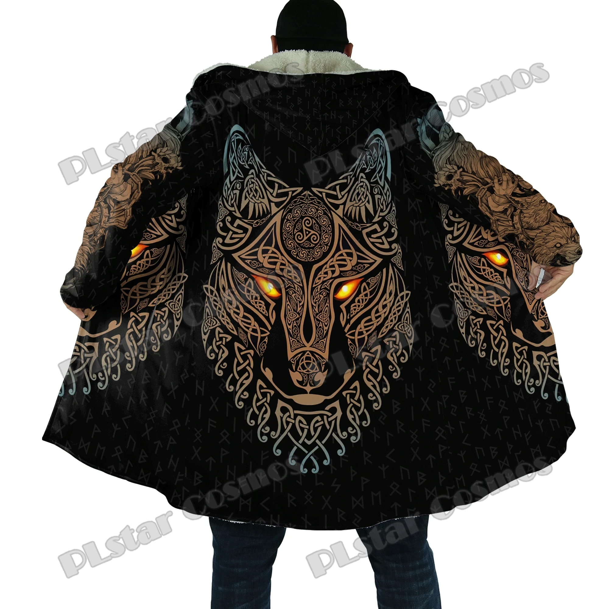 Norse Mythology Wolf Symbol Tattoo 3D Printed Men's Sherpa Hooded Cloak Winter Unisex Casual Thick Warm Cloak Coats PF147