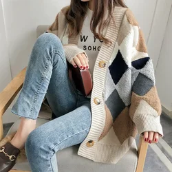 Plaid Cardigan Button Up Sweater Women Oversized Checkered Cardigans Autumn Winter Clothes Streetwear Long Sleeve Sweater Tops