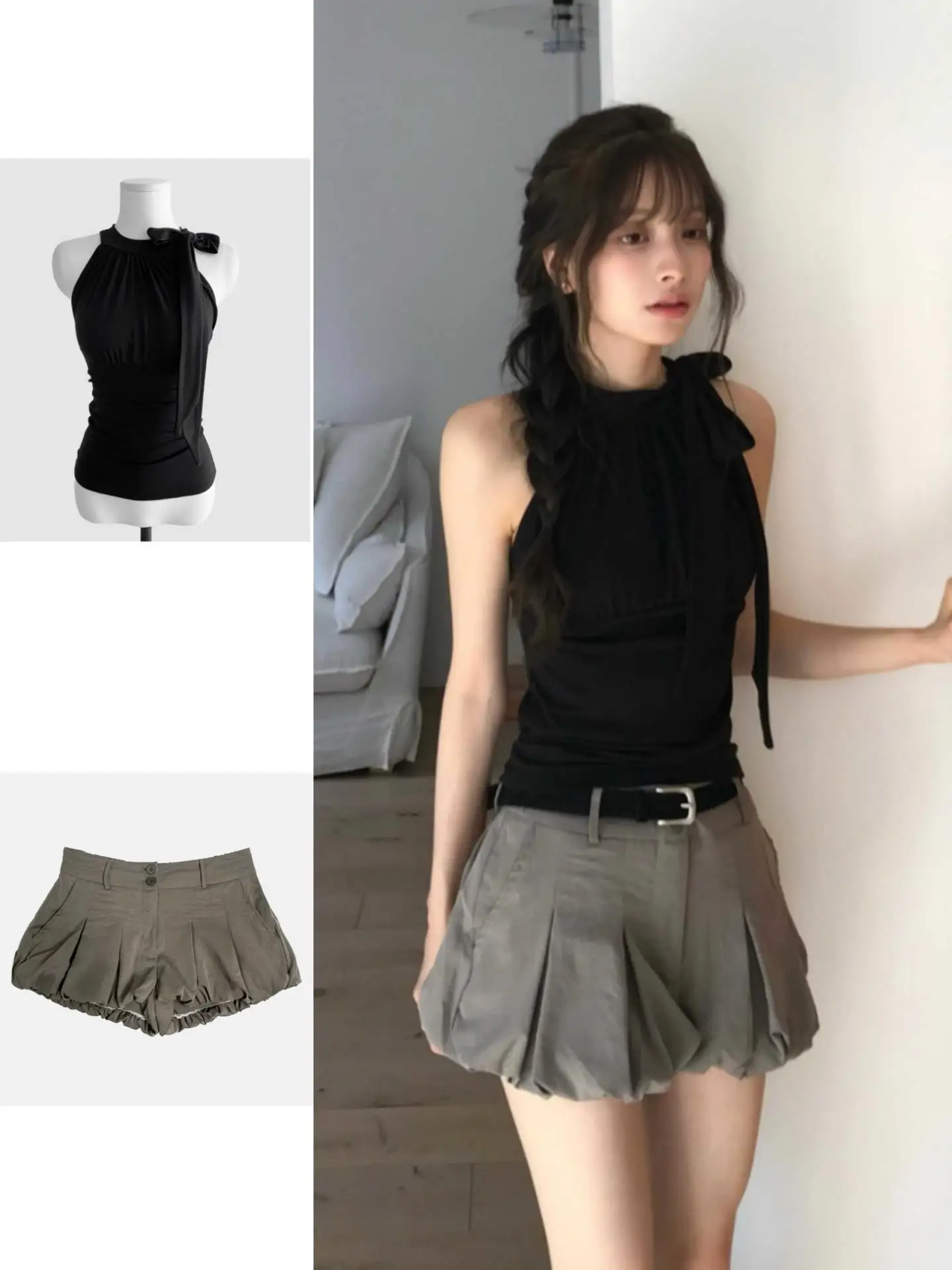 

Gentle Korean Style Summer Gathered Waist Sash Sleeveless Top Women's Fashion Set Three-piece Pure Color Vest/Maillot