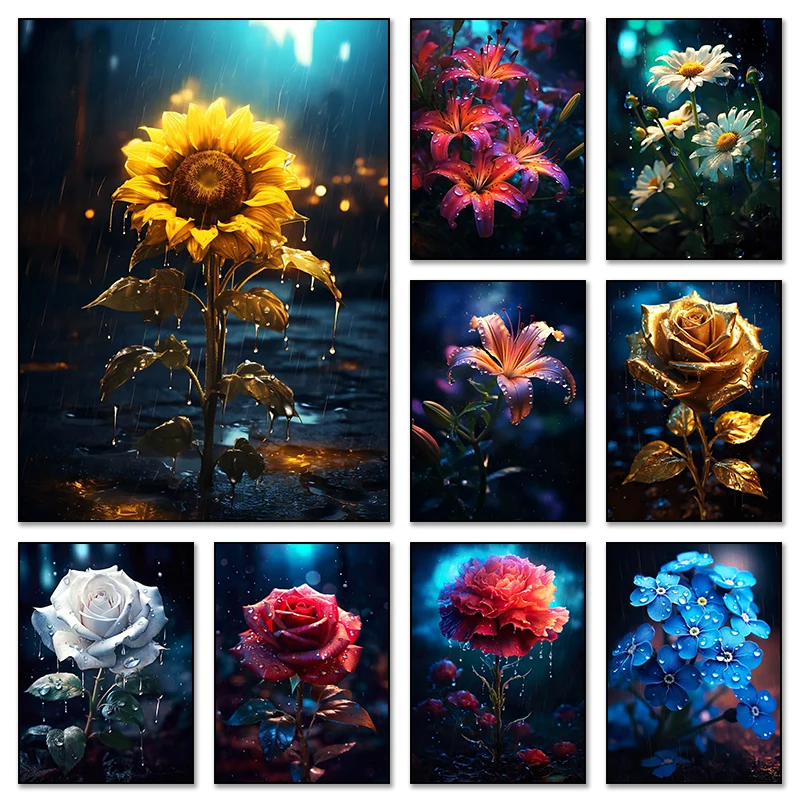 โปสเตอร์ภาพฝนตกของต้นไม้หลากสีโปสเตอร์ผ้าใบศิลปะกุหลาบโปสเตอร์นอร์ดิกพิมพ์ภาพติดผนังภาพตกแต่งห้องนั่งเล่นสมัยใหม่ cuadro