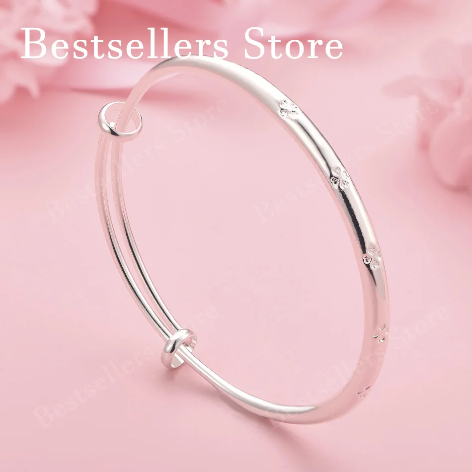 

925 Sterling Silver Exquisite Four-Leaf Clover Adjustable Bangle for Women, Fashionable Party and Wedding Jewelry
