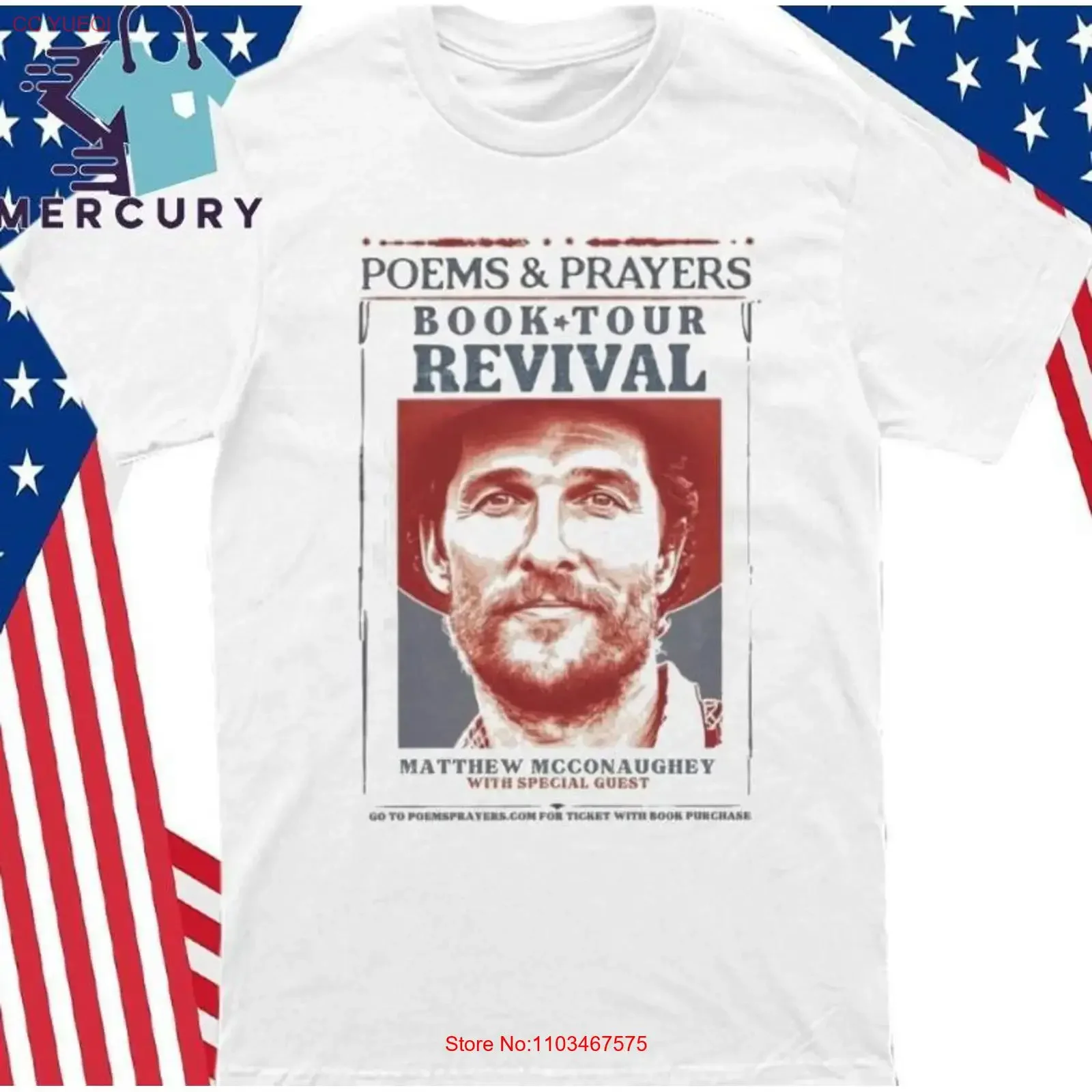 T-shirt vintage Poems Prayers Book Tour Revival Matthew Mcconaughey avec invité spécial, lavé, confortable, tendance, extensible