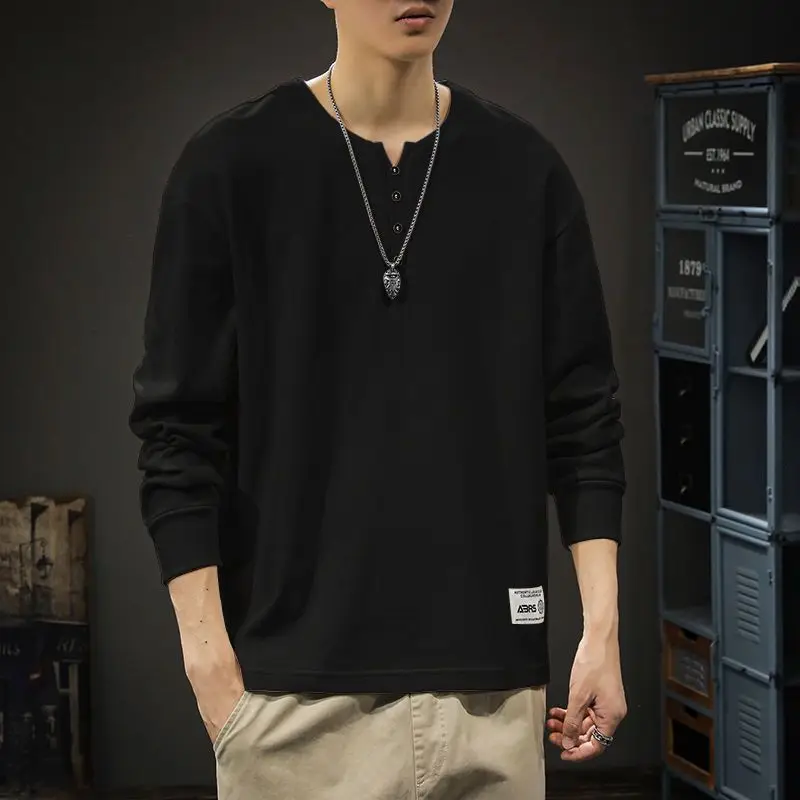 Fall Henry Collar Men Long Sleeve Sweatshirt Korean Fashion Smart Casual Oversized Basic T Shirt Top Daily Interview Black White