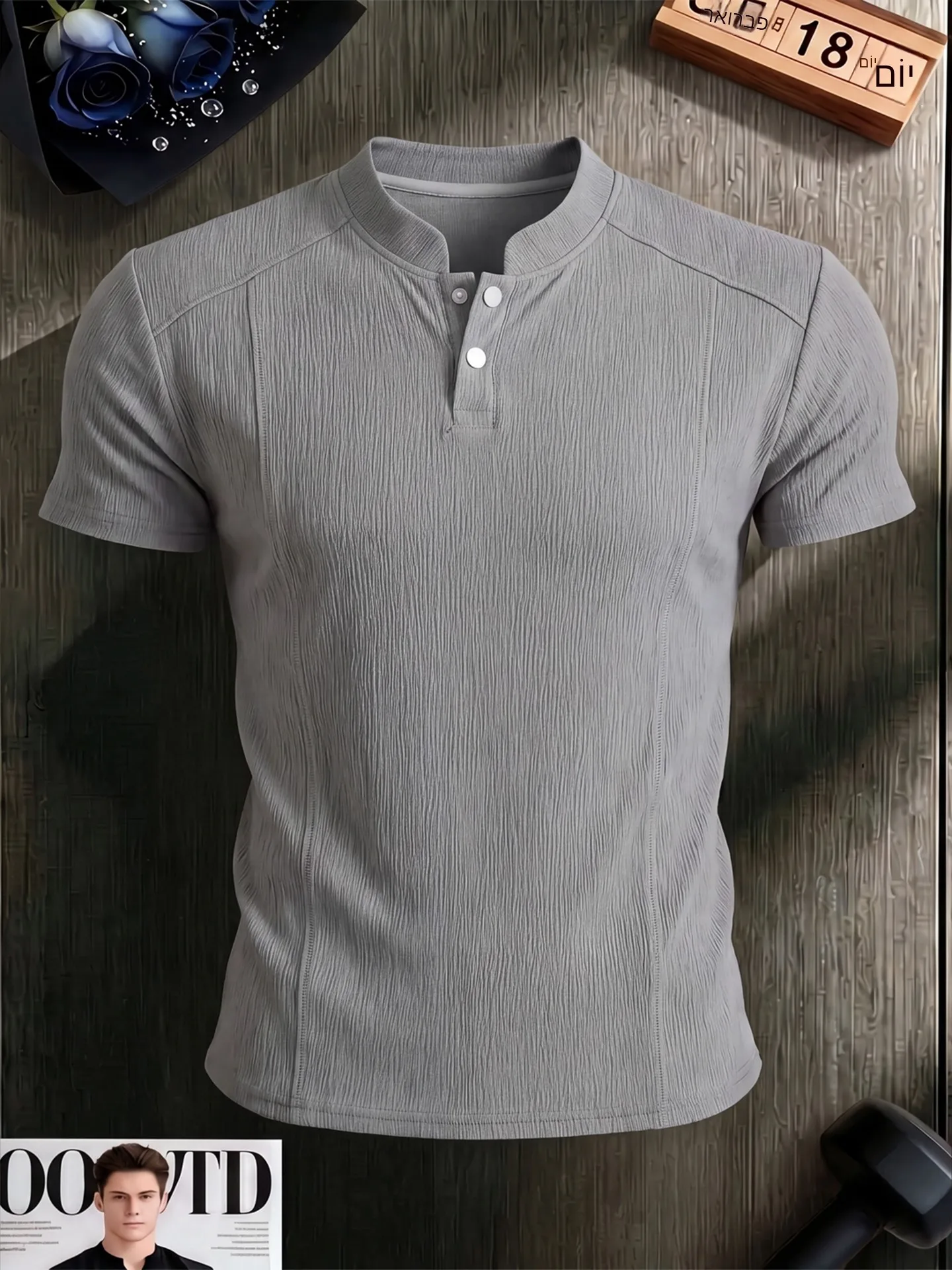 White Treebark Texture Henry Collar  Shirt Short Sleeve Men Summer Old Money Feel T-Shirt Proper Shoulder Stand Collar Ha...