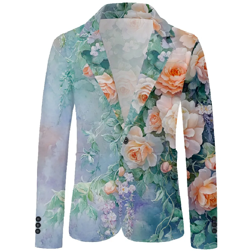 

Mens Blazer Watercolor Rose Print One Button Vintage Casual Coat Business Office Party Nightclub Jacket Slim Fit Blazers Outfit