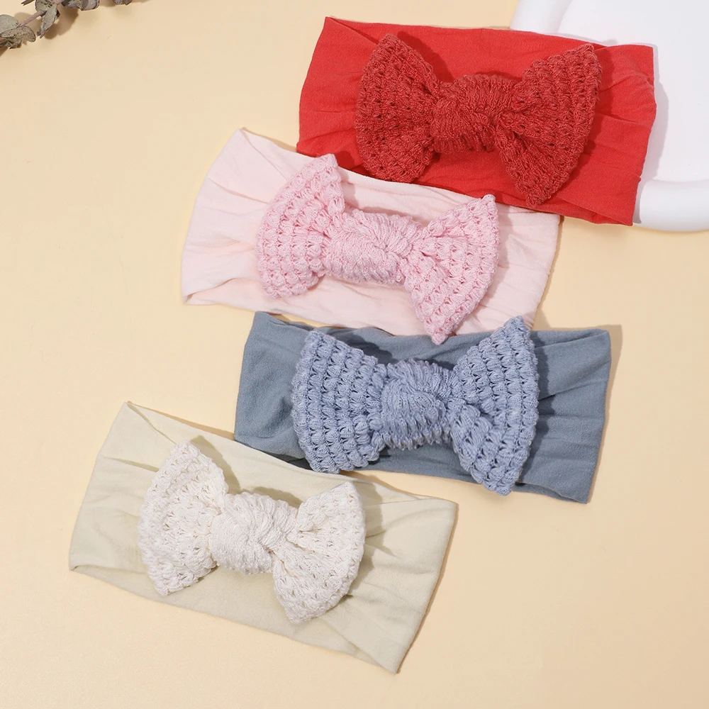 Baby Girl Solid Thread Woven Hollow Hand Bow Headband Elastic Rubber Bands for Girls Soft Nylon Hair Bands Baby Accessories