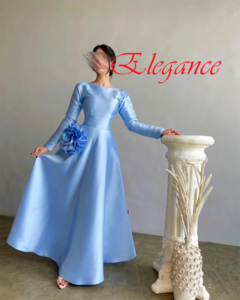 

Customized Delicate Light Blue Satin Evening Dress Exquisite Scoop Long Sleeves Open Back Flowers Special Occasion Gowns