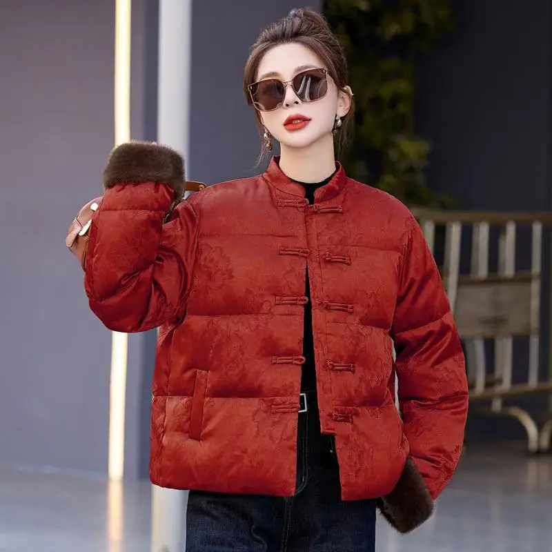 Red Cotton Jacket Women's Winter New Chinese Style National Fashion Tang Suit Retro Embroidery New Year Battle Costume Casual...