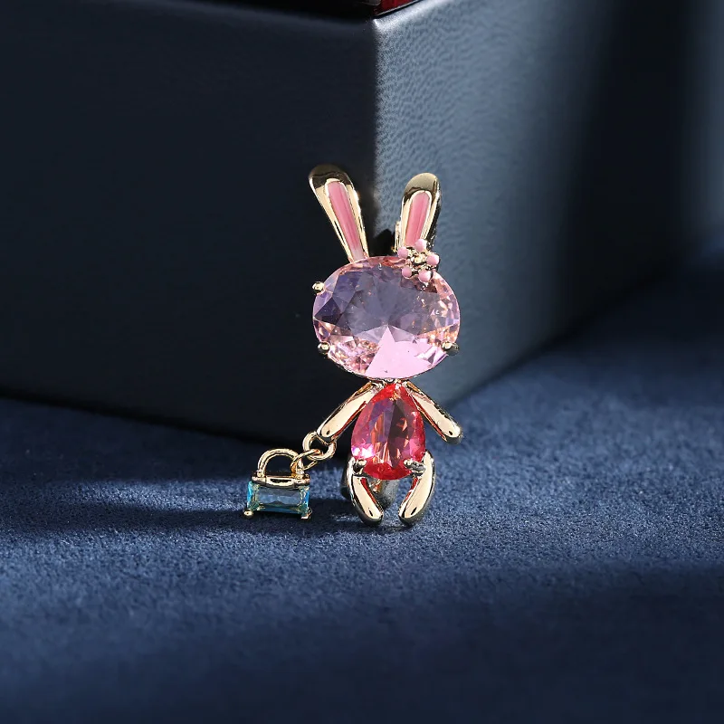 Luxury Pink Zircon Corsage Anti-slip Clothing Collar Pin Cute Animal Rabit Small Brooches for Women Coat Accessories Wholesale