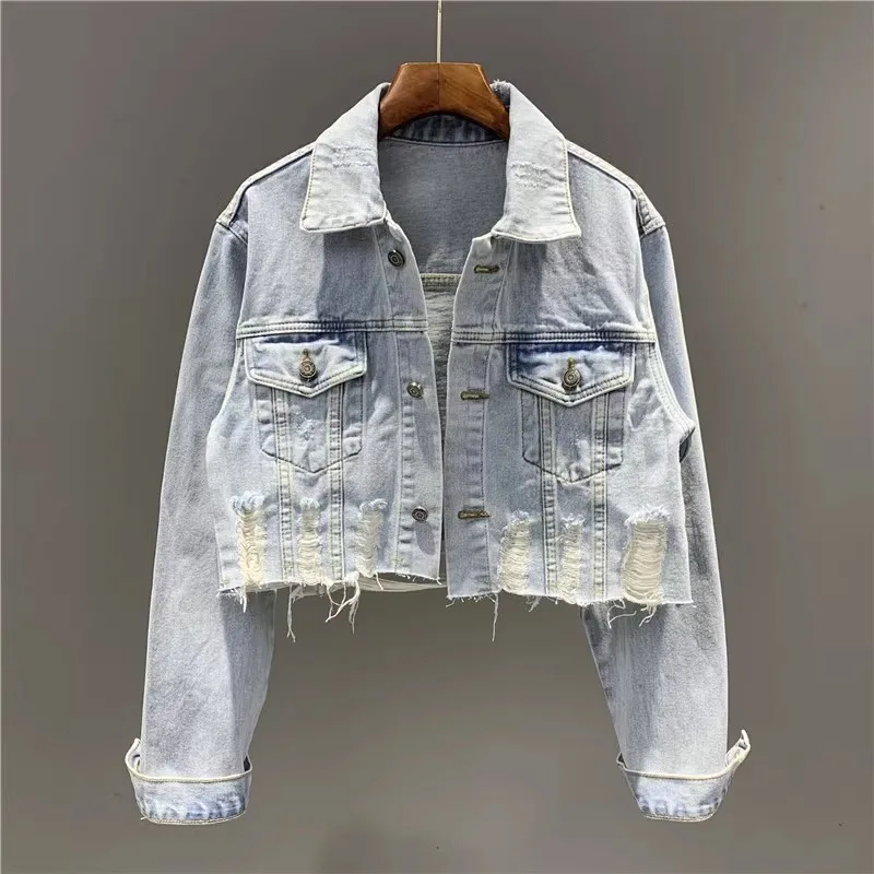 Vintage Light Blue Loose Short Holes Denim Jacket Coat Women Big Pocket Cowboy Outerwear Korean Hem Frayed Jeans Jacket Female