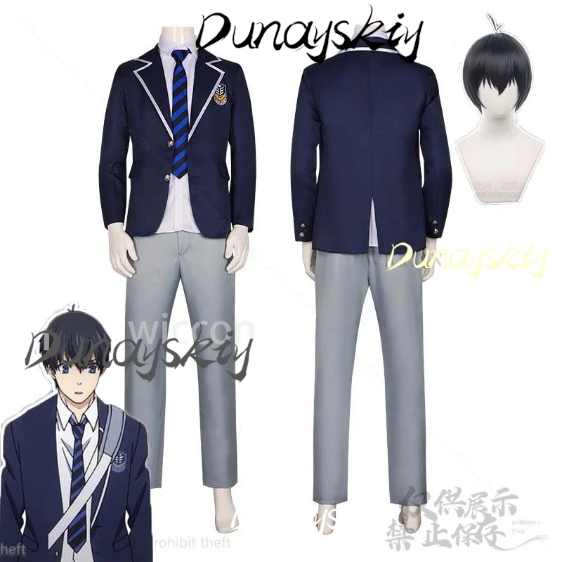 Disfraz de Isagi Yoichi DK, uniforme escolar, pantalones, peluca superior para hombre, BLUELOK, Cosplay, fiesta de Navidad y Halloween, juego de rol de Anime personalizado