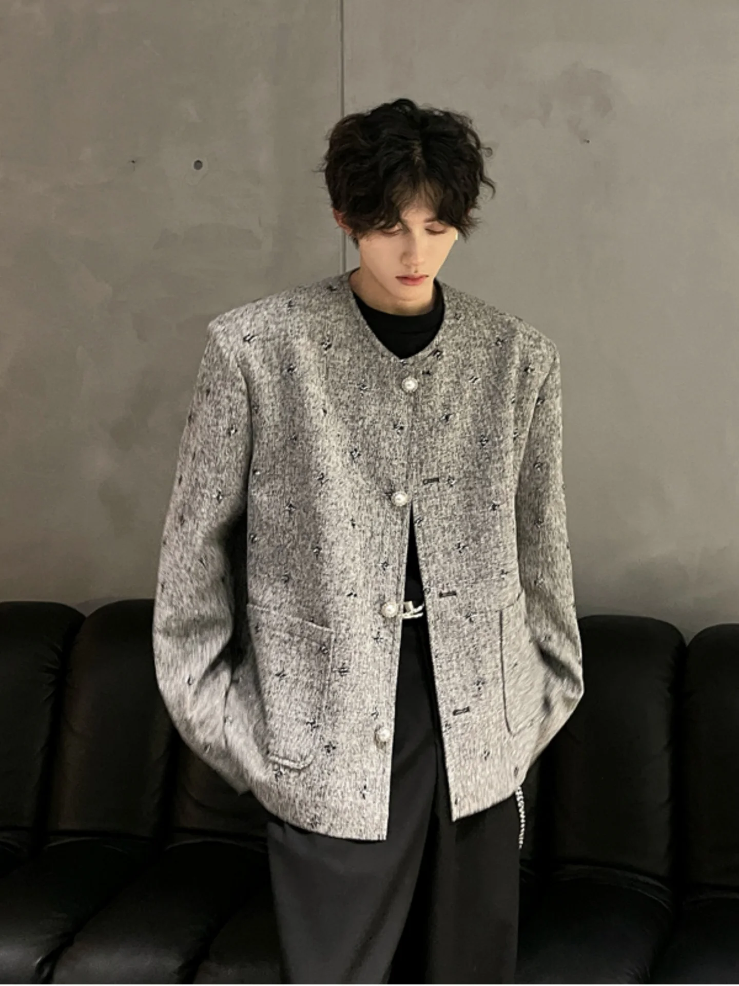 

Мужская куртка свободного кроя с подушечками на плечах, осенняя верхняя одежда, молодежный модный трикотаж, повседневное шикарное пальто