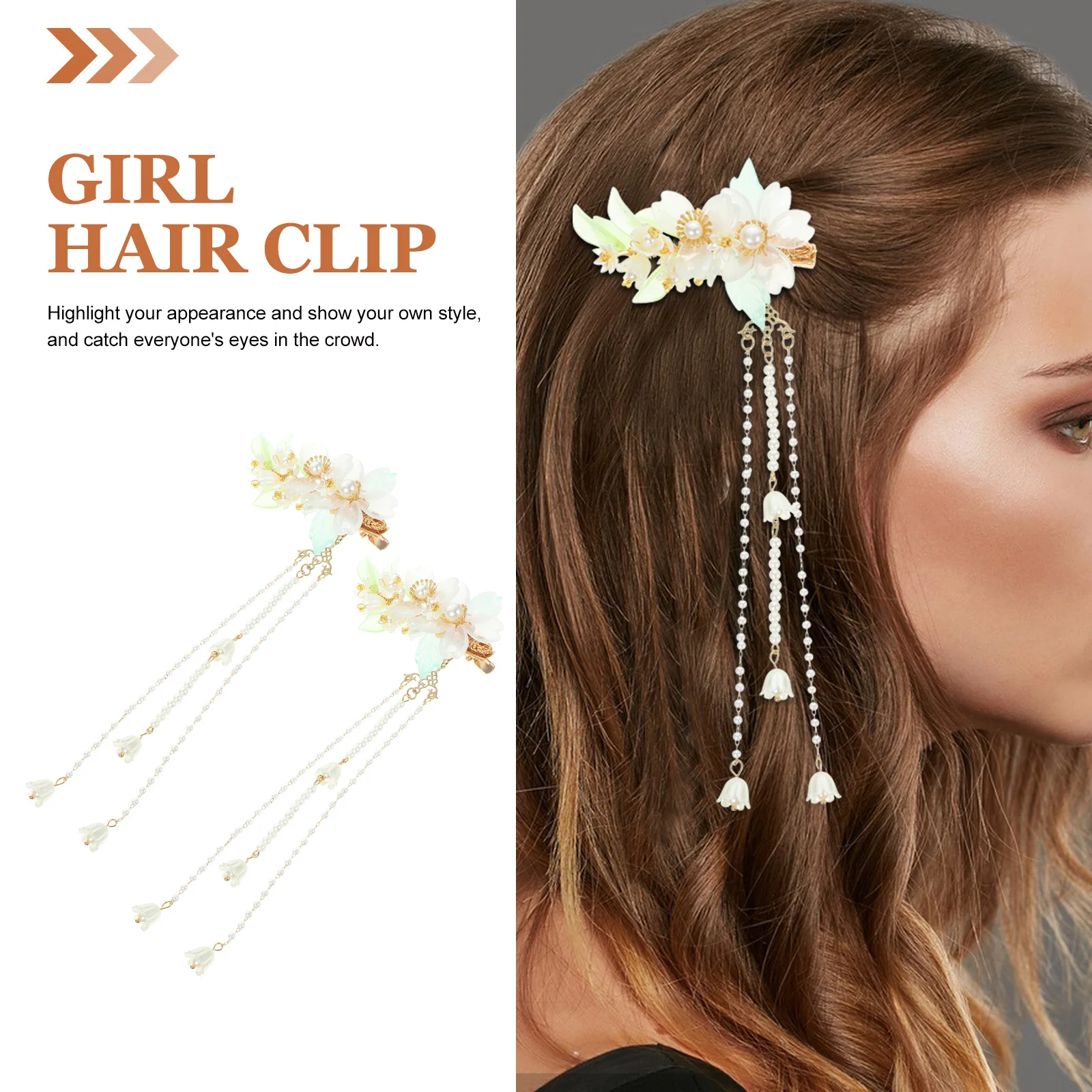 

2Pcs Stylish Chinese Flower Hair Clips Tassel Pearl Decor Lily of The Valley Design Elegant Clip for Women Hair