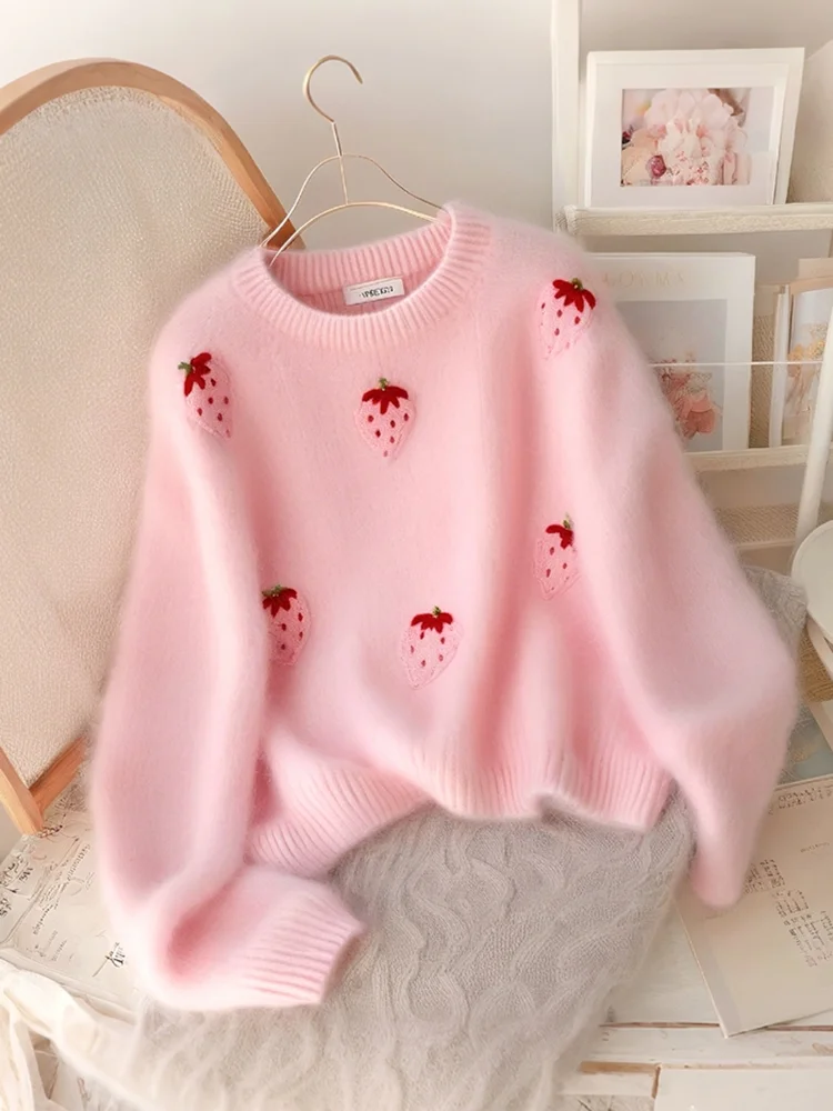 Zoki Fashion Strawberry Pink Sweaters Women Sweet Preppy Style Knitted Jumpers Top Korean Cute Long Sleeve Fall Elegant Pullover