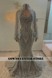 Silver Prom Dress For Blackgirls With Tail Head Cover Beads Stones Evening Dreses Mermaid Aso Ebi Recption Gowns Customized