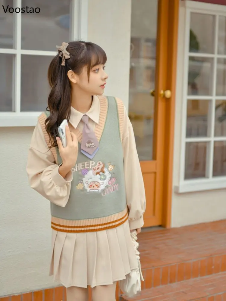 Japanese Fashion Cute Cartoon Embroidery Knitted Vest Spring Autumn Women Kawaii Sleeveless JK Sweater Girls Sweet Waistcoat