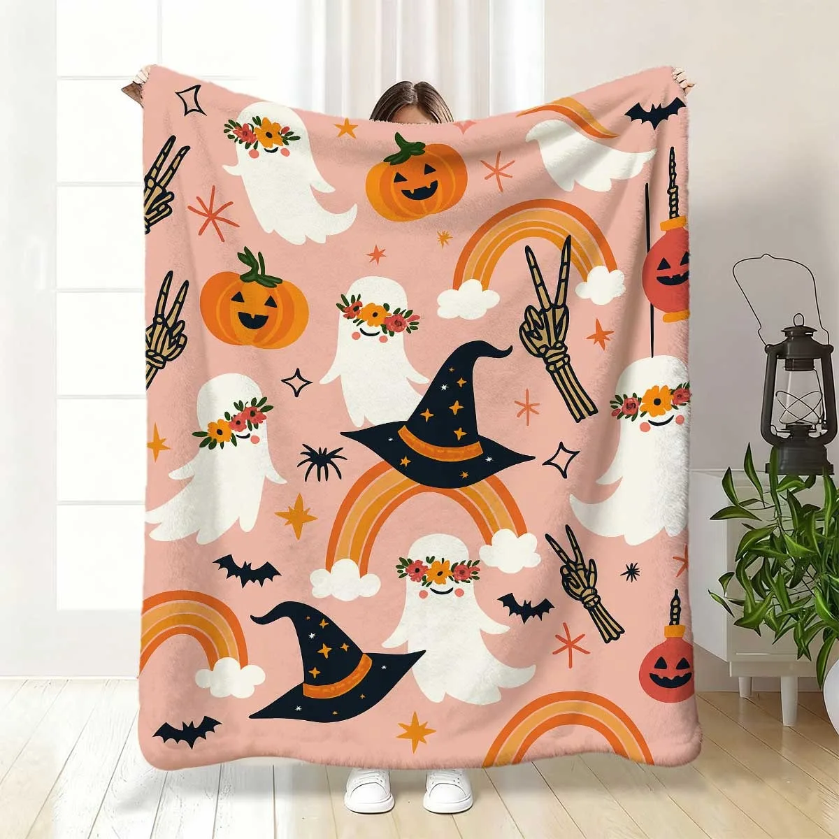 Ultra-Soft Plush Blanket Suitable for All Seasons, Featuring a Warm Throw Design with Pastel Pink And Colorful Ghosts, Bats, Witches, And Pumpkins, Perfect for Beds, Couches, Party Decorations, And As a Thoughtful Gift