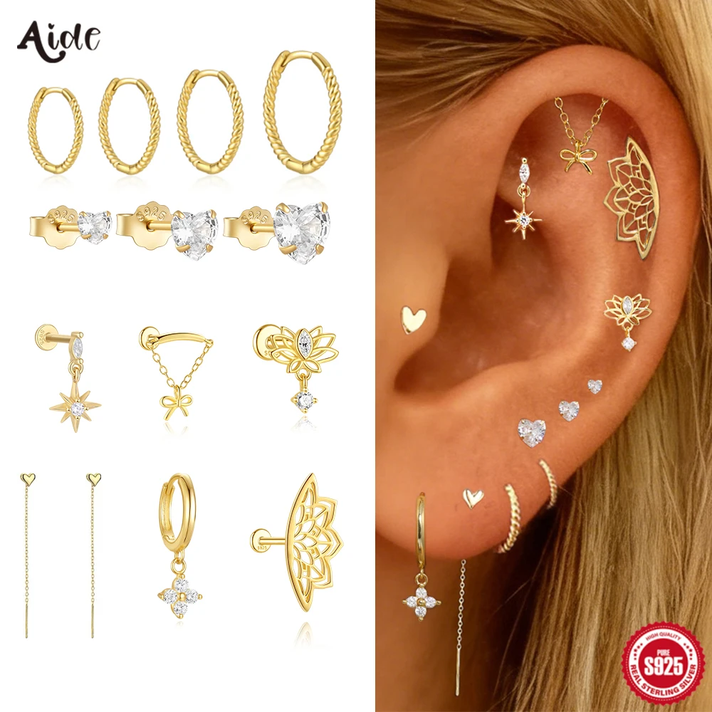 

Aide 925 Sterling Silver Hollow-out Lotus Star Heart Zircon Ear Studs&Hoops Multi-Style Piercing Valentine's Day Confession Gift