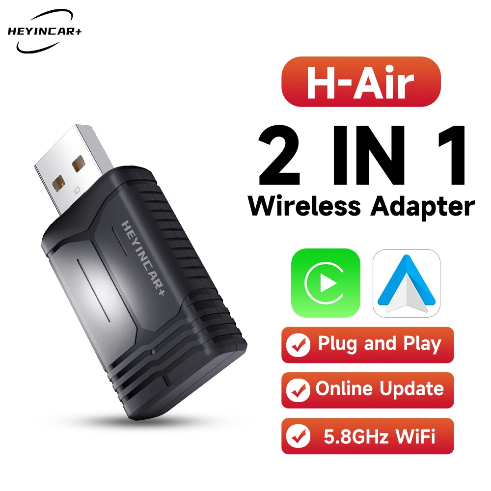 Adaptador Inalámbrico CarPlay y Android Auto 2 en 1 HEYINCAR 2026, Mini Dongle WiFi de Doble Banda 5G, Plug & Play, Tipo-C/USB, Compatible con el 98% de los Autos