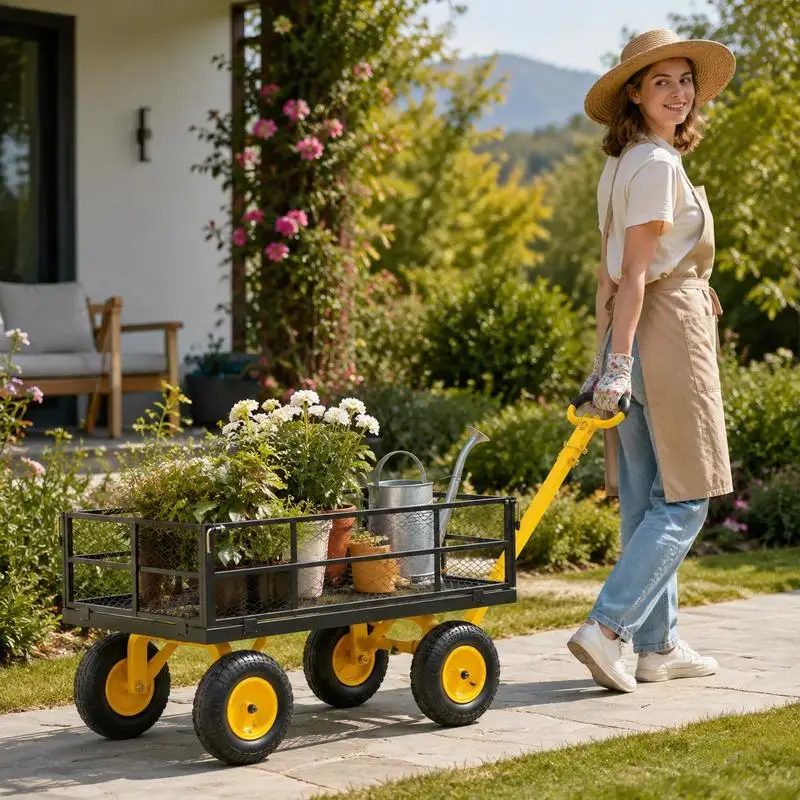 Chariot de jardin pliable robuste, capacité de 544 kg, chariot utilitaire avec roues tout-terrain, côtés en maille amovibles, poignée rotative à 180 degrés pour le camping, la plage, les courses, noir