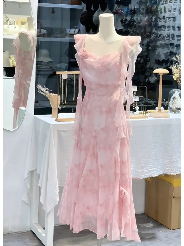 

Розовый ремешок с цветочным принтом в стиле ретро Dr Beach Vaion Beach Long Dr Summer Красивая сказочная футболка для поездок на работу с квадратным воротником