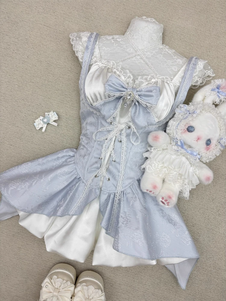 

Japanese Sweet Lolita Cos Two Piece Set Women Lace Bow White Dress + Fit Chic Vest New Fashion Kawaii JK Summer Slim Suit 2025
