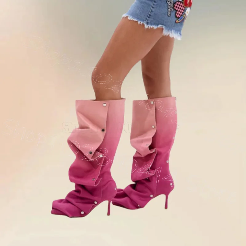 

Gradient Color Metal Button Pleated Design Boots Back Zipper Women Shoes Thin High Heels Pointed Toe 2025 Zapatos Para Mujere