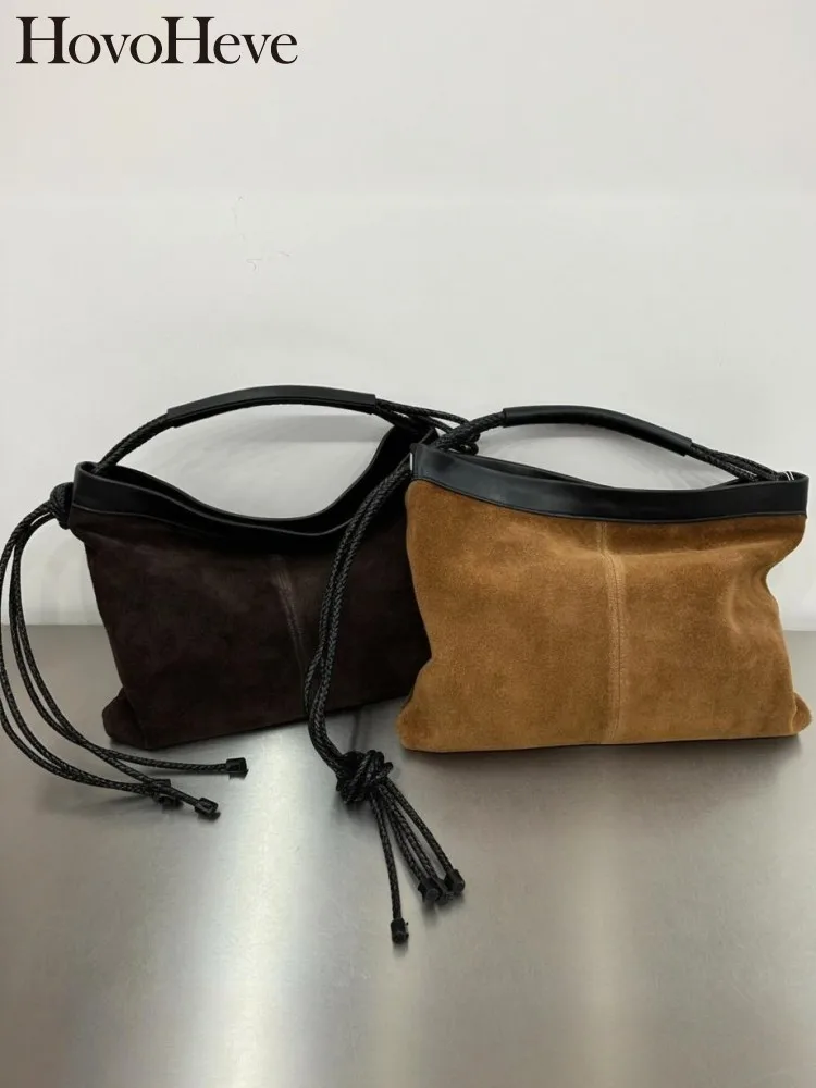 

Retro Style Tassel Comfortable Large Capacity Genuine Leather Handbag Mixed Color Suede Cowhide Female Hook Loop Sling Bag