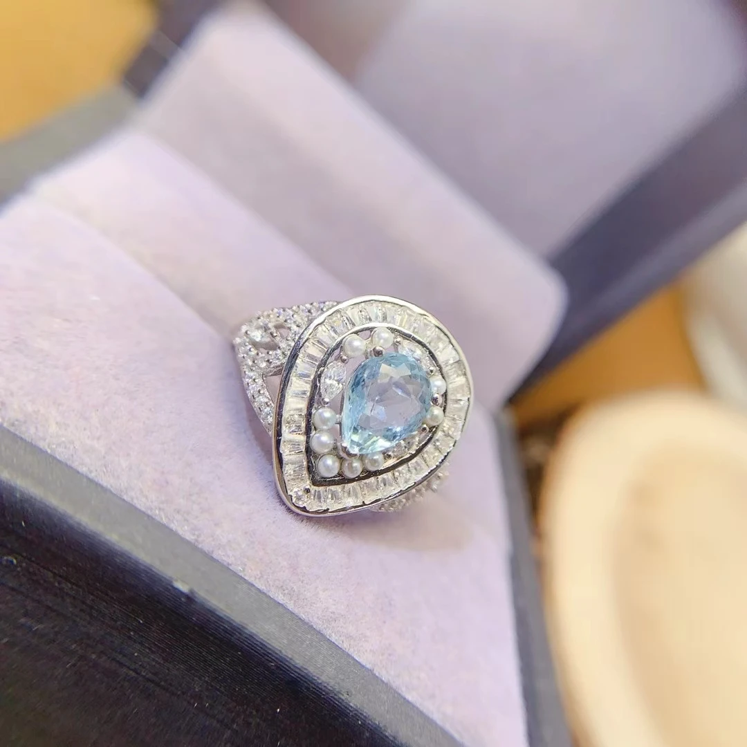 KJJEAXCMY Natural Aquamarine Ring S925 silver , electroplated locking color process, high clarity Full of luster Support testing