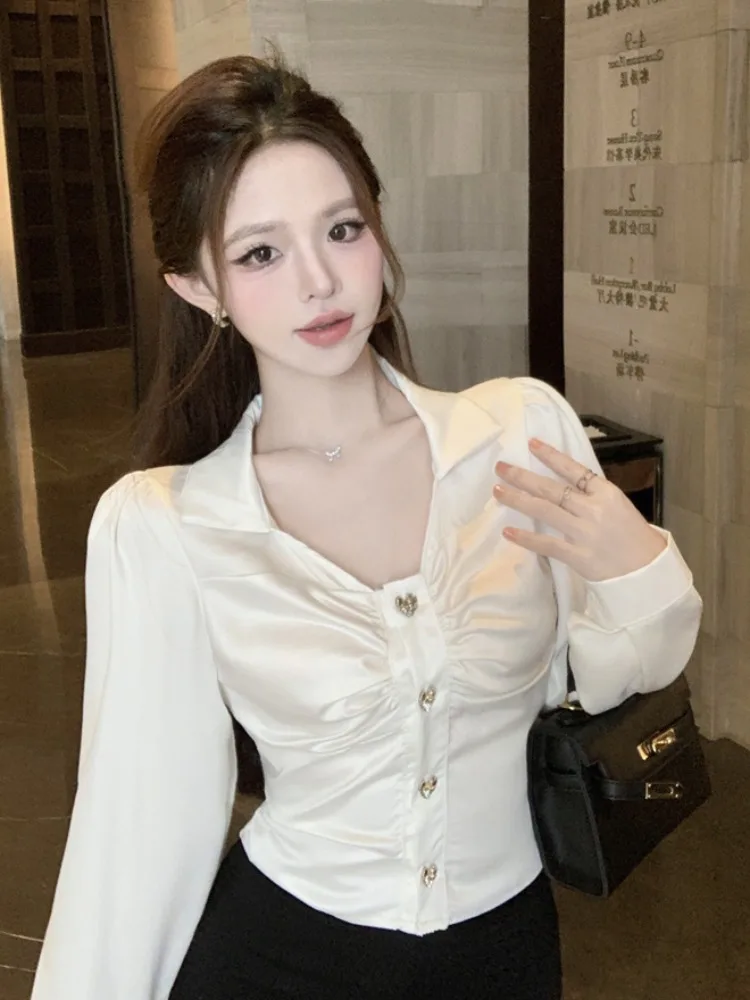 

Elegant Satin Neck Long Sleeve Shirt Women's Spring Autumn Waist Cinching Slimming Pleated V Neck Chic Short Shirt