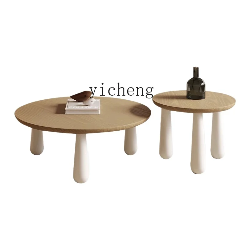 Tqh Cream Style Size round Tea Table Combination Small Apartment Solid Wood Small Tea Table Modern Minimalist