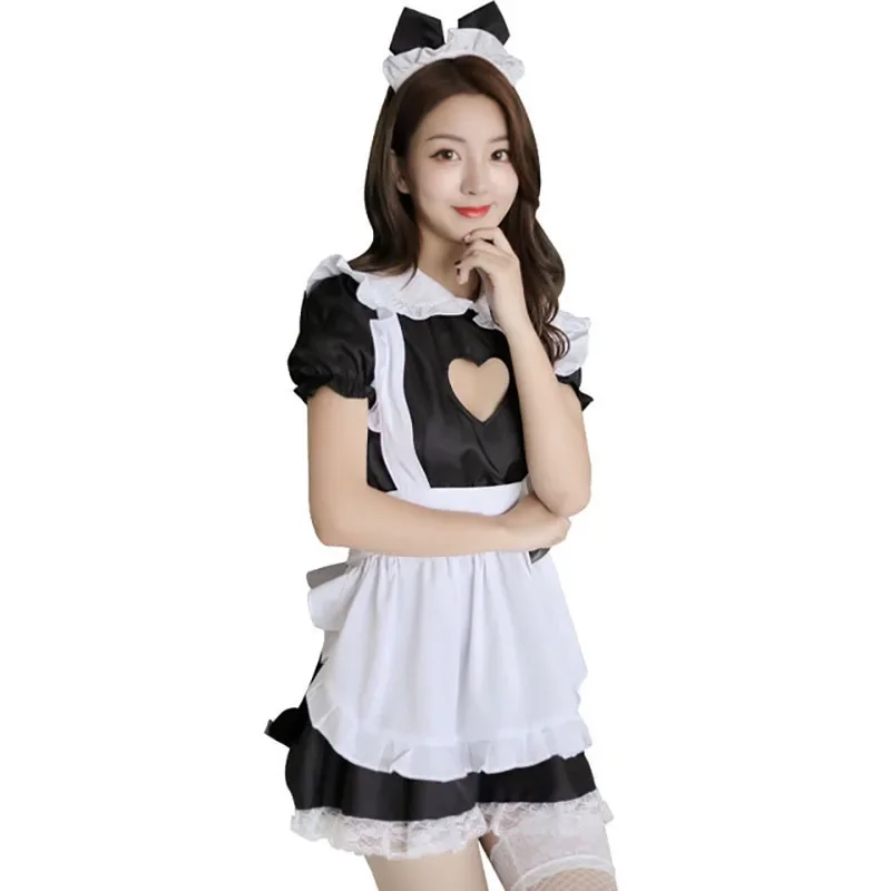 Buste ouvert femme de chambre Costumes Sexy Lingerie Cosplay, tenue Kitty, tablier en coton, dentelle, tentation Mini robe pour femme, Anime Black Lolita