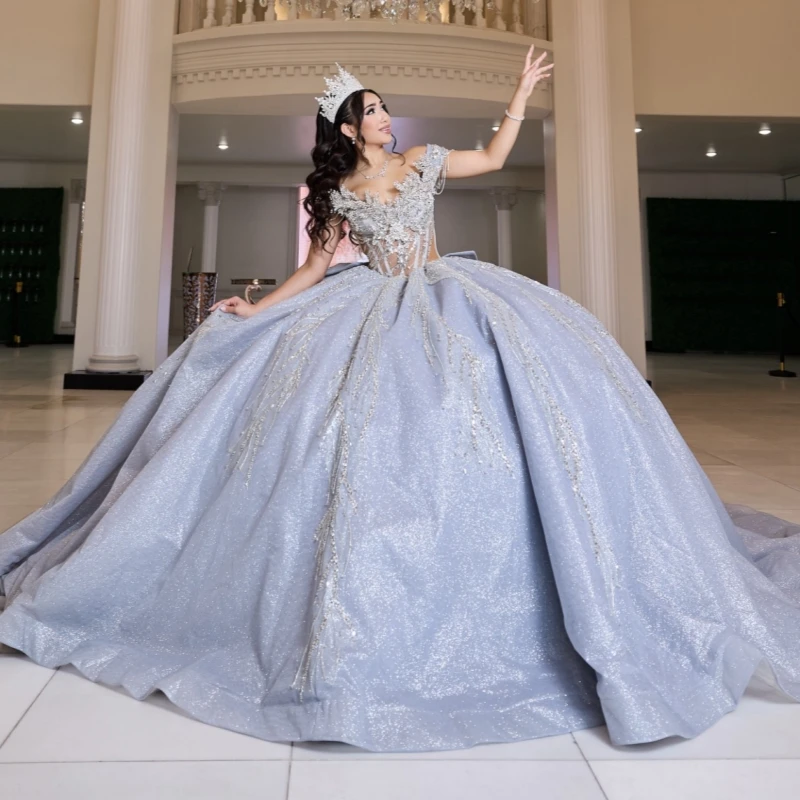 

Silvery Shiny Quinceanera Dresses Off The Shoulder Beading Crystal Bow Tull Party Birthday Sweet 16 Dress Vestidos 15 De Anos