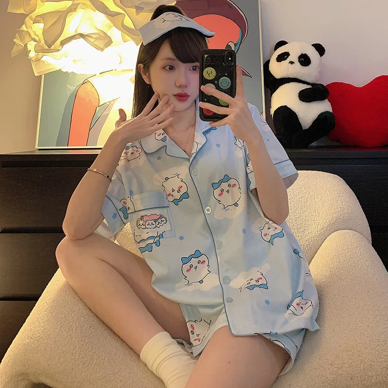 Kawaii Chiikawa Usagi Pyjama Spring and Summer Cartoon Short-sleeved Shorts Student Home Clothes Set