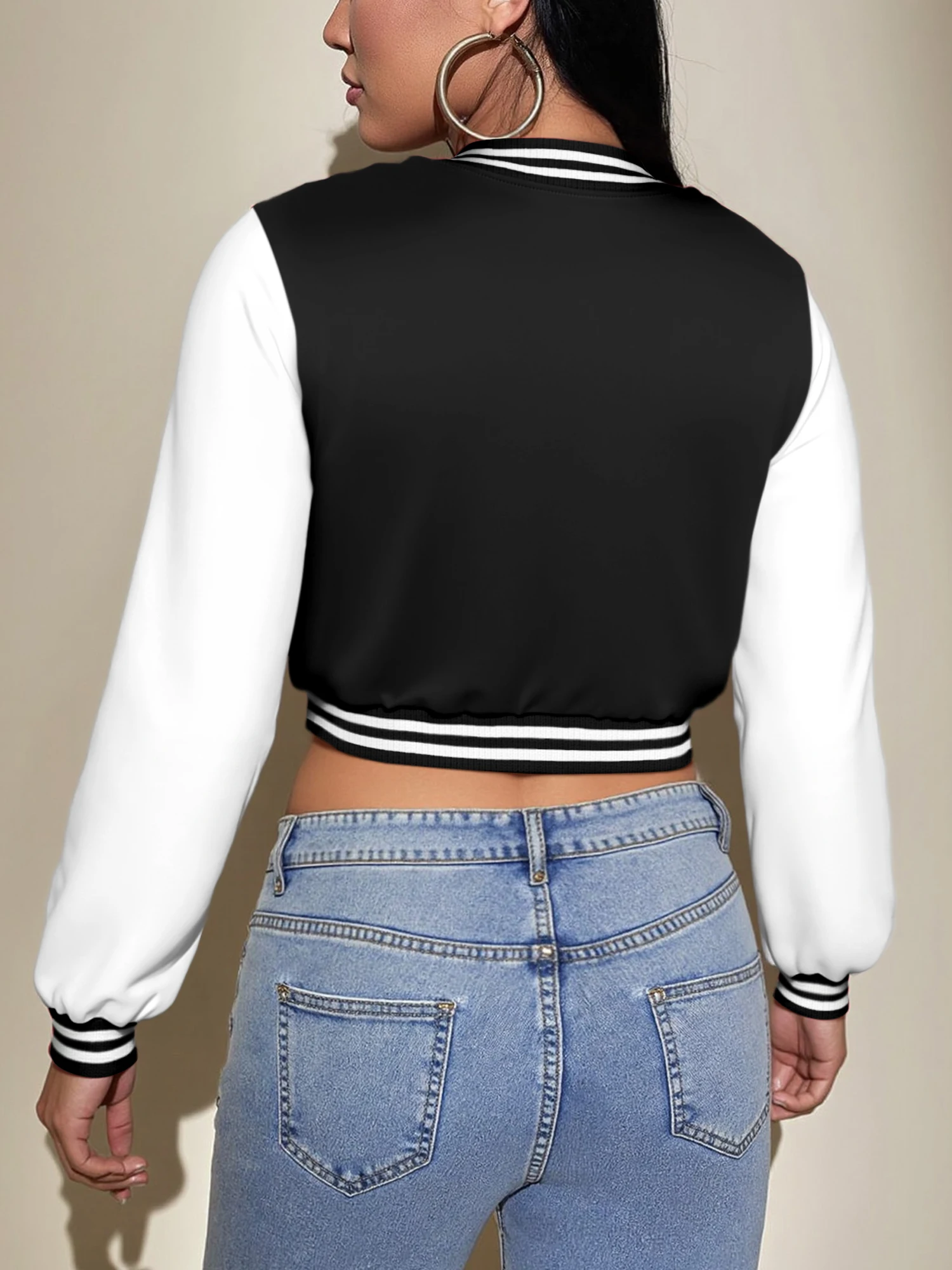 Harajuku Y2K Women Cropped Color Block Bomber Jacket Striped Rib Trim White Sleeve Button Front Casual Outerwear