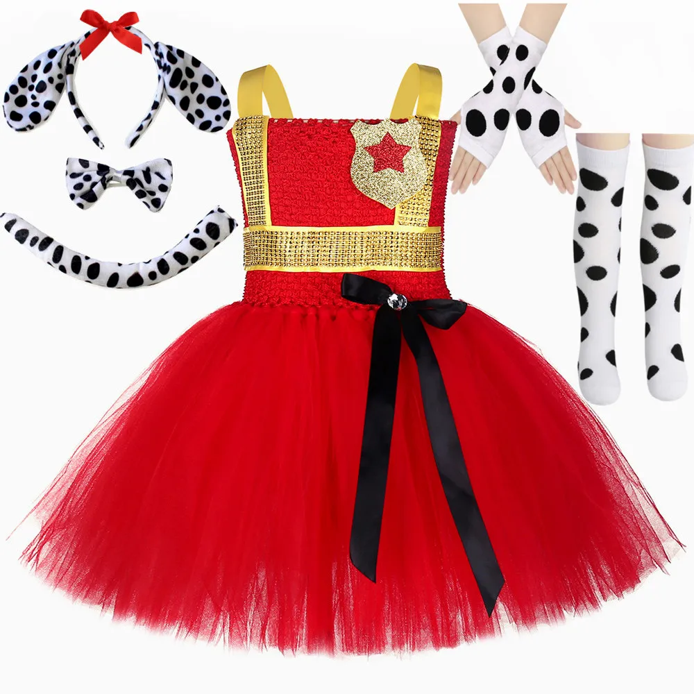 Firefighter Dalmatian Marshall Costume for Kids Cartoon Dog Fireman Tutu Dress Girls Halloween Carnival Party Dress Up Outfits