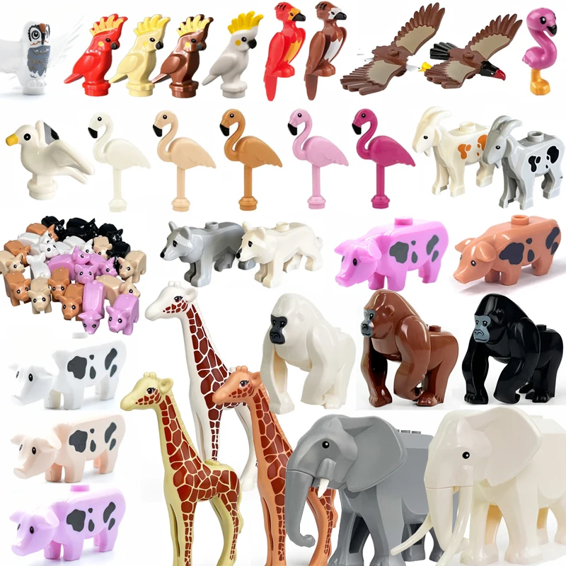 MOC 시티 동물 블록 모델 농장 장면 액세서리 염소 늑대 돼지 올빼미 플라밍고 앵무새 동물원 어린이 블록 장난감 T04