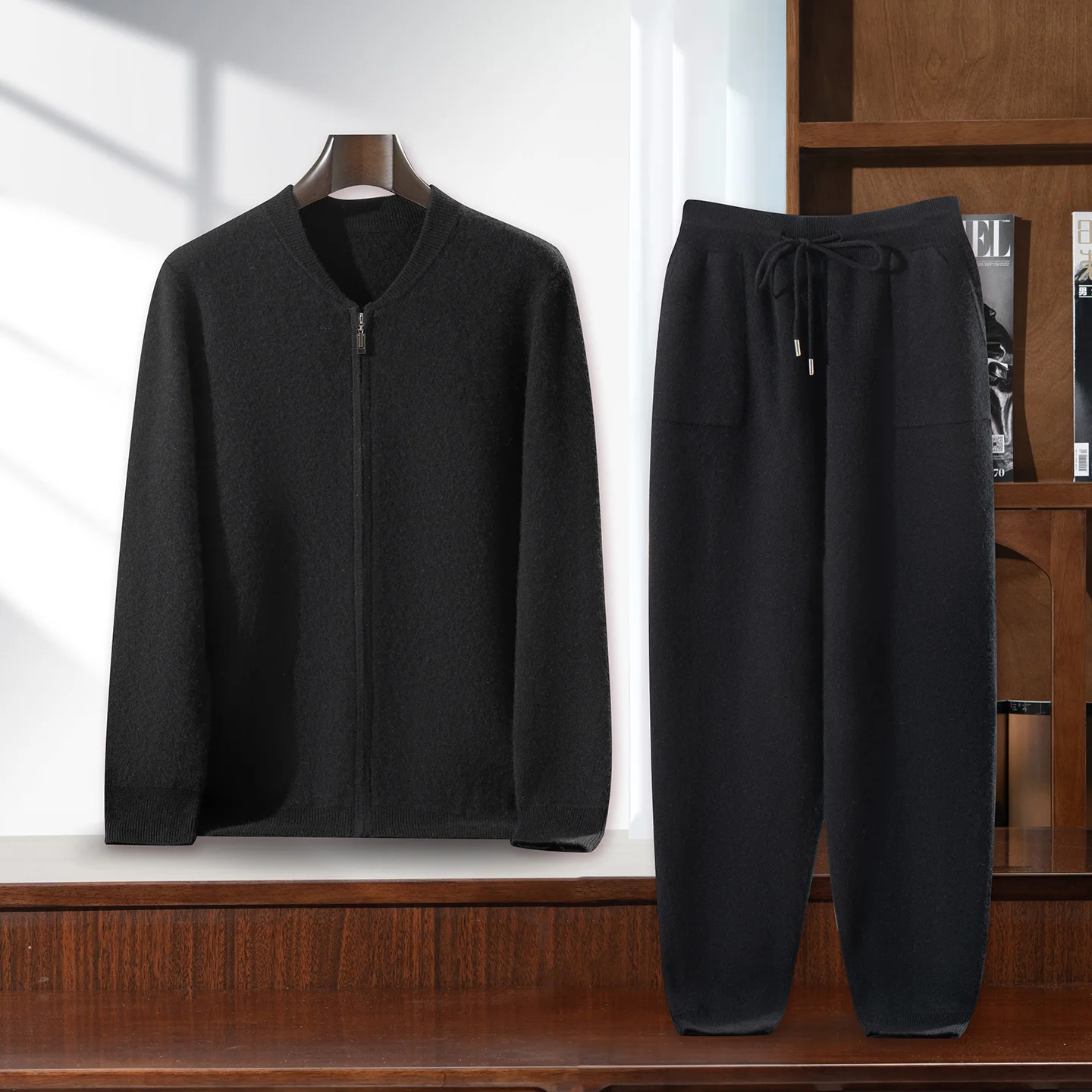 100% Cashmere Cardigan Set Men's Autumn Winter O-neck Zipper Thick Jacket Wide Leg Pants Loose Knitted Two-piece Suit High-end