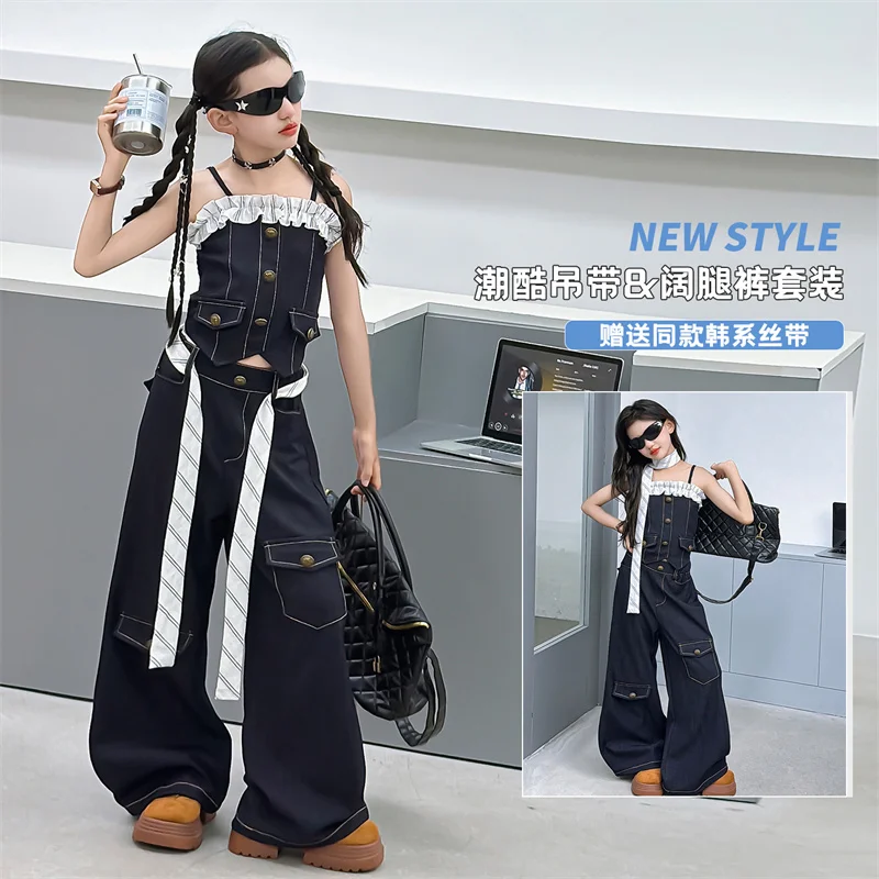

4-14Y Girls 2pcs Suit Slimming Wide Leg Pants Denim Set Street Style Trim One Shoulder Top High Waist Jeans Dancing Fashion